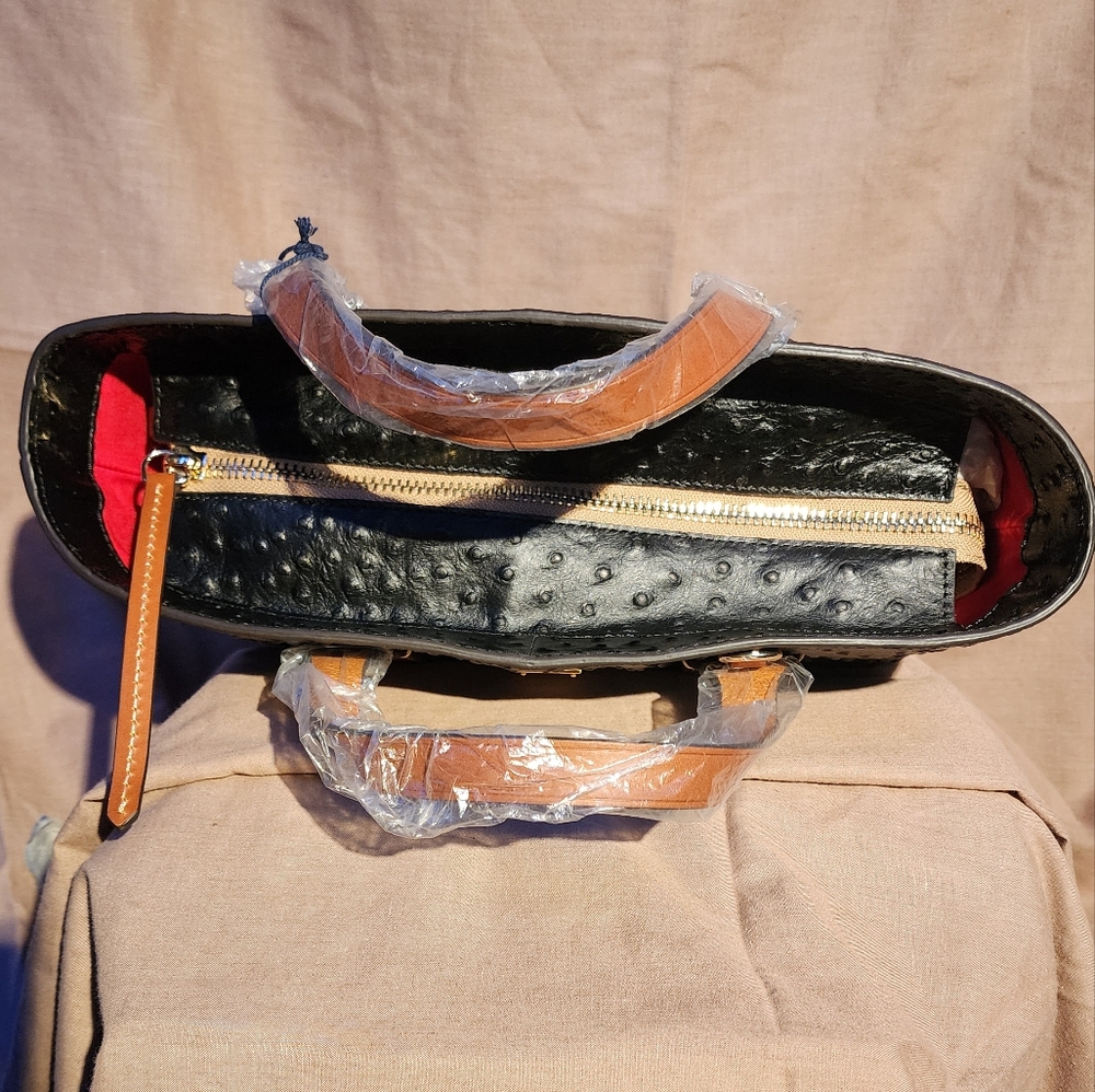 Dooney & Bourke Black and Tan Ostrich-Embossed Tote - Picture 7 of 9